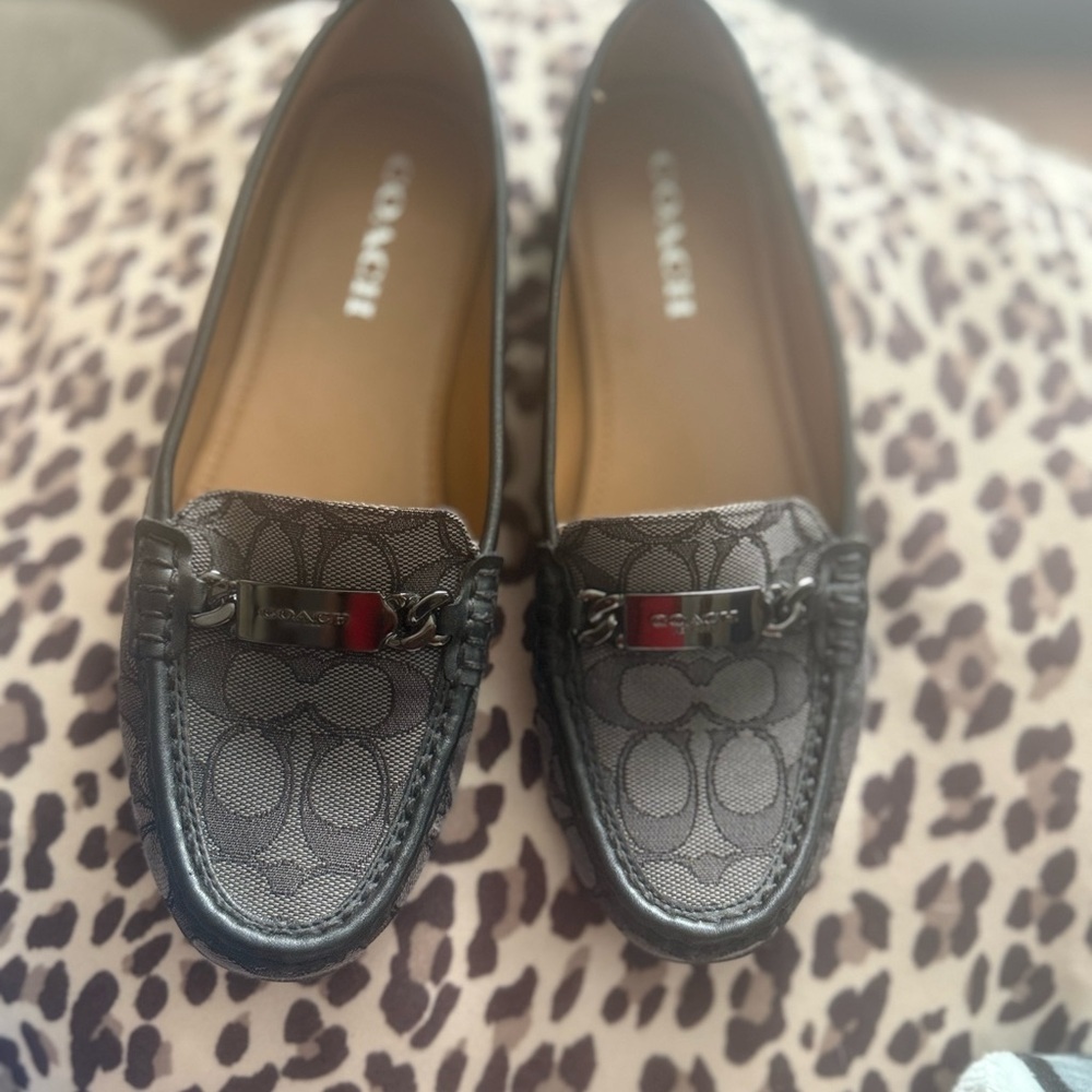 Coach Black Flats with Signature Monogram and Metallic Detail
